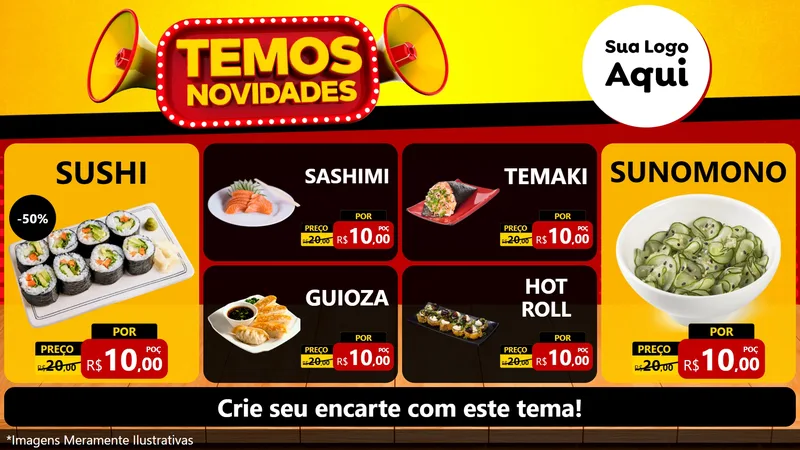Modelo de TV para TV Horizontal com o tema Temos Novidades para Comida japonesa