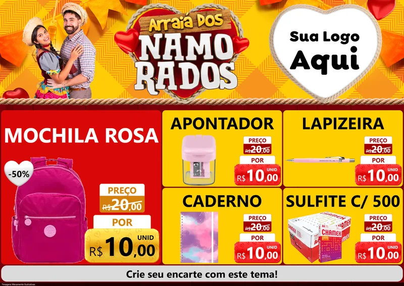 Modelo de Encarte para Encarte A4 Horizontal com o tema Arraiá dos Namorados para Papelaria