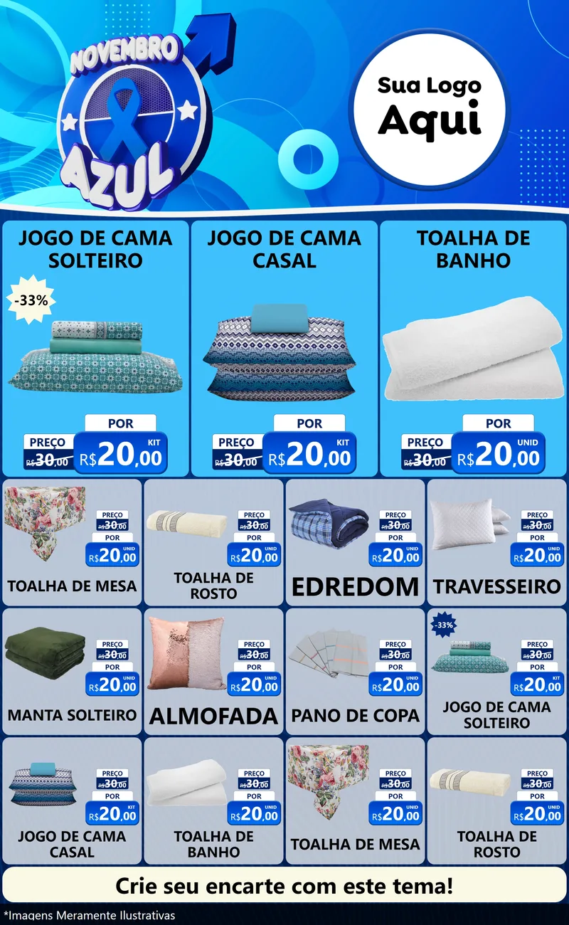 Modelo de Encarte para Encarte Grande com o tema Novembro Azul para Cama, Mesa e Banho