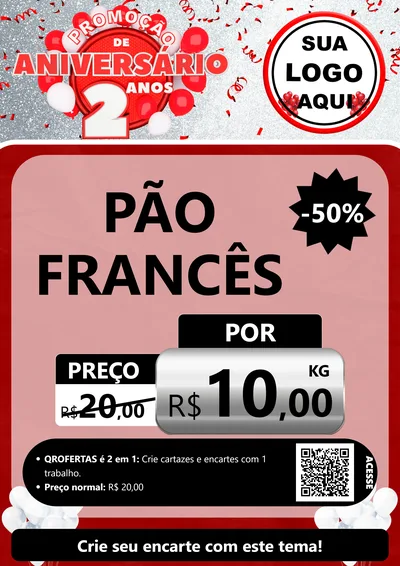 Modelo de Cartaz para Cartaz A4 Vertical com o tema Promoção de Aniversário - 2 Anos para Padaria