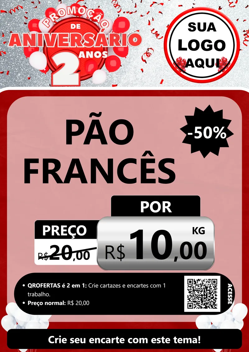 Modelo de Cartaz para Cartaz A4 Vertical com o tema Promoção de Aniversário - 2 Anos para Padaria