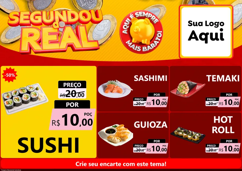 Modelo de Encarte para Encarte A4 Horizontal com o tema Segundou do Real para Comida japonesa