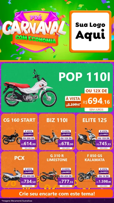 Modelo de Rede Social para Stories com o tema Pré-Carnaval Com Economia para Concessionaria de Motos
