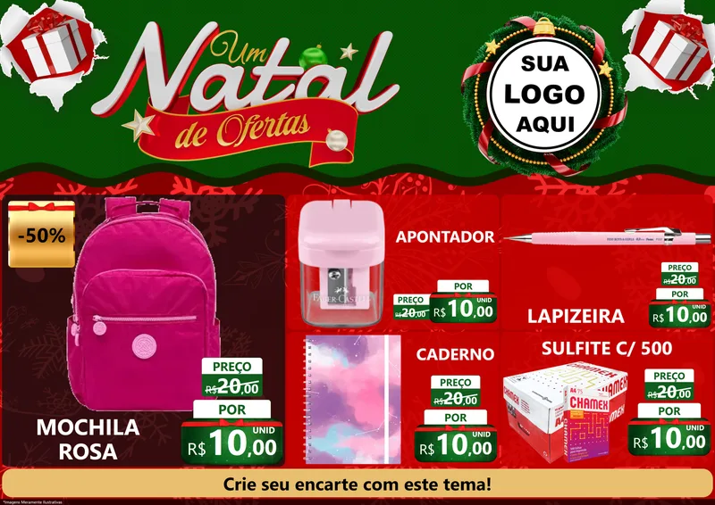 Modelo de Encarte para Encarte A4 Horizontal com o tema Um Natal de Ofertas para Papelaria