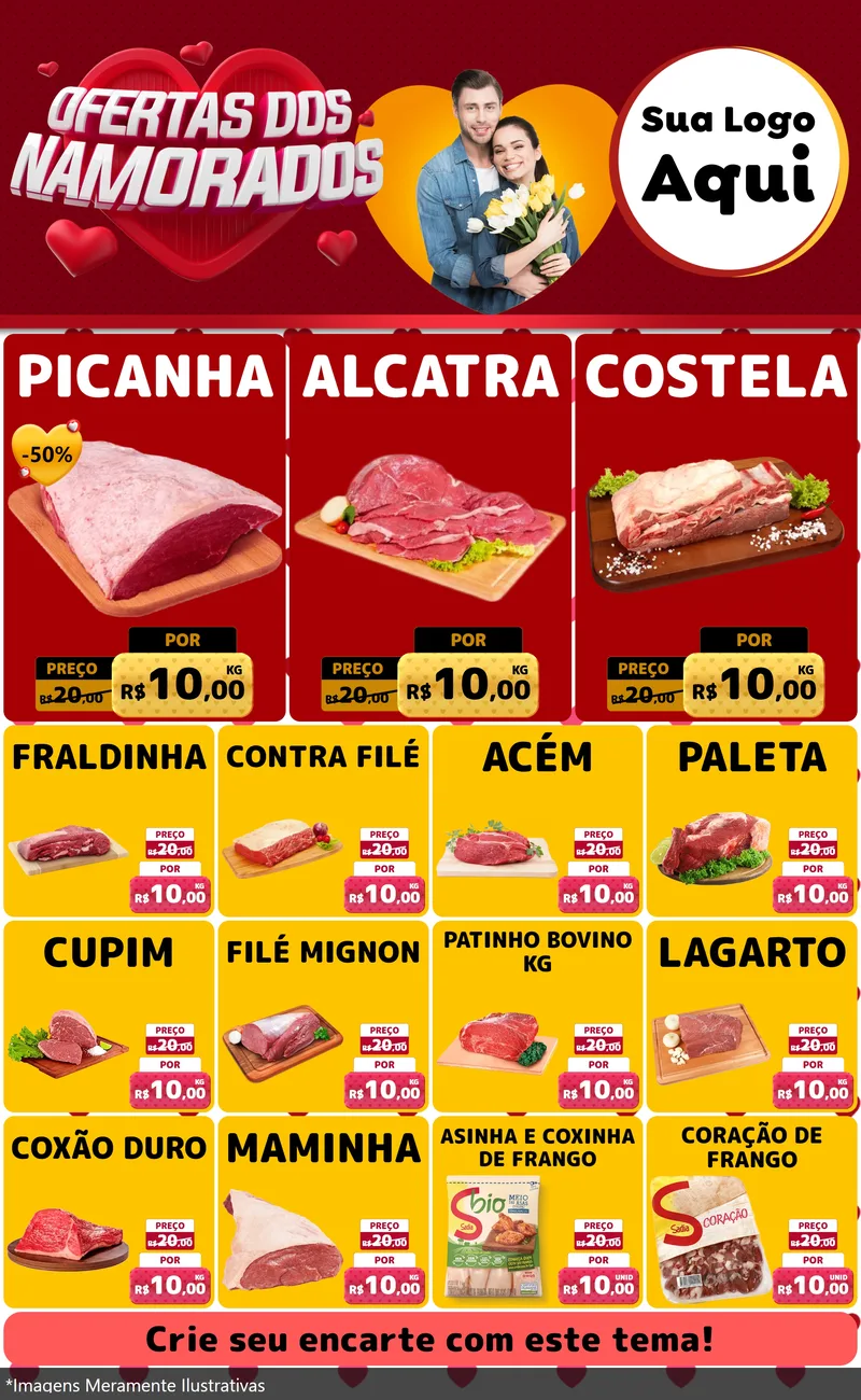 Modelo de Encarte para Encarte Grande com o tema Ofertas Dos Namorados para Açougue