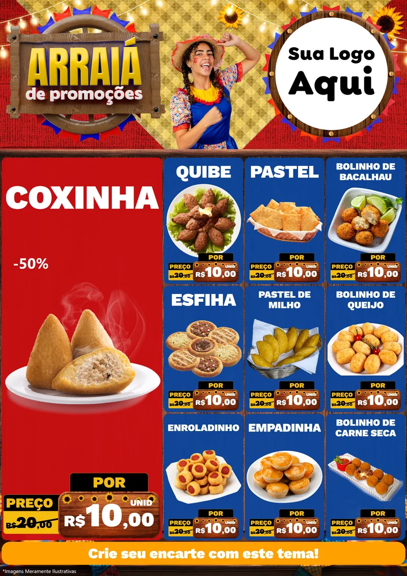 Modelo de Encarte para Encarte A4 Vertical com o tema Arraiá de Promoções para Salgadaria