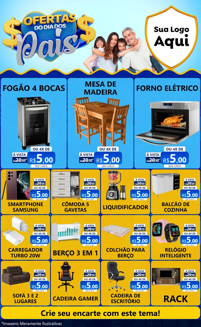 Modelo de Encarte para Encarte Grande com o tema Ofertas do Dia dos Pais para Móveis e Eletro