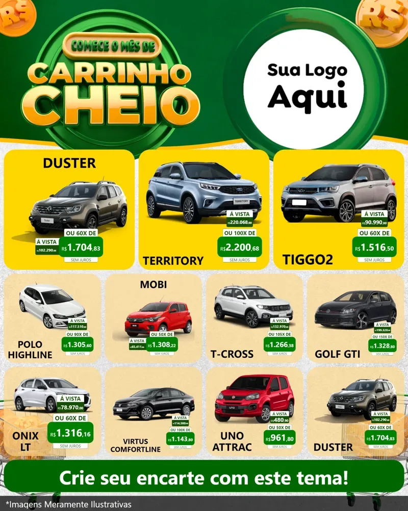 Modelo de Rede Social para Feed Instagram com o tema Carrinho Cheio para Concessionaria de Carros