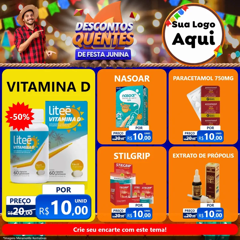 Modelo de Rede Social para Feed Facebook com o tema Descontos Quentes de Festa Junina para Farmácia