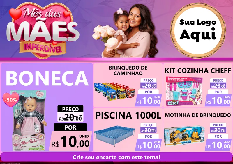 Modelo de Encarte para Encarte A4 Horizontal com o tema Mês das Mães Imperdível para Brinquedos