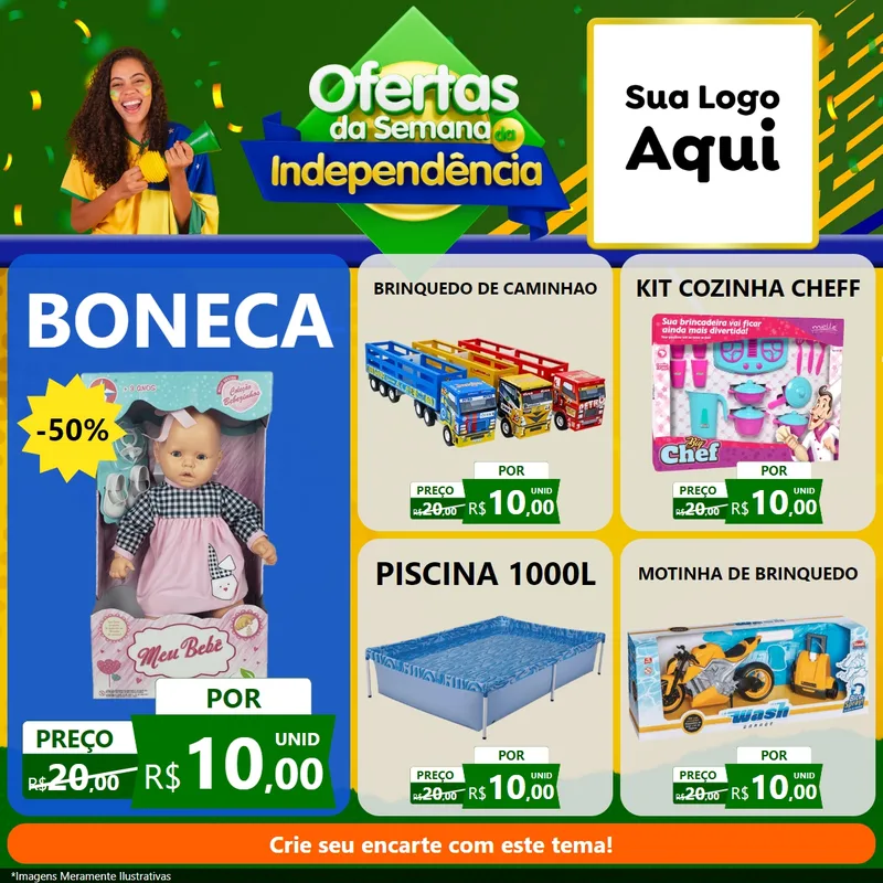 Modelo de Rede Social para Feed Facebook com o tema Ofertas da Semana da Independência para Brinquedos