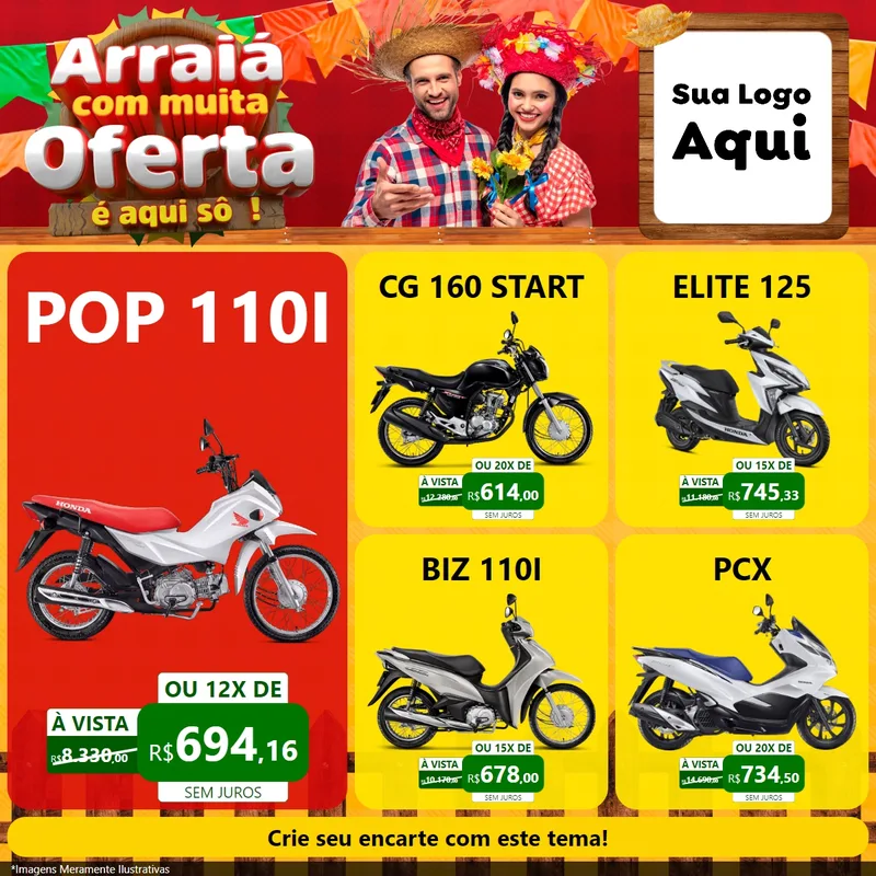 Modelo de Rede Social para Feed Facebook com o tema Arraiá Com Muita Oferta - É Aqui Sô! para Concessionaria de Motos
