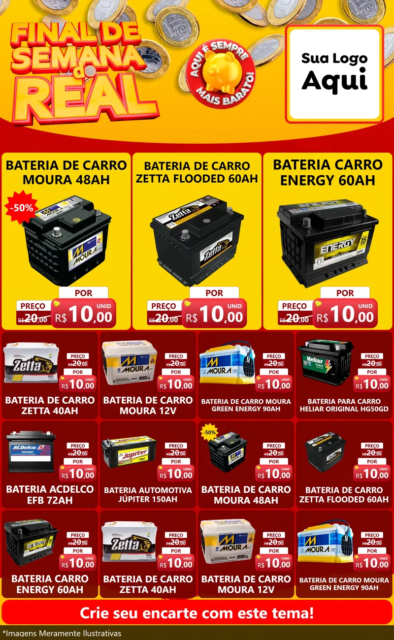 Modelo de Encarte para Encarte Grande com o tema Final de Semana do Real para Baterias Elétricas