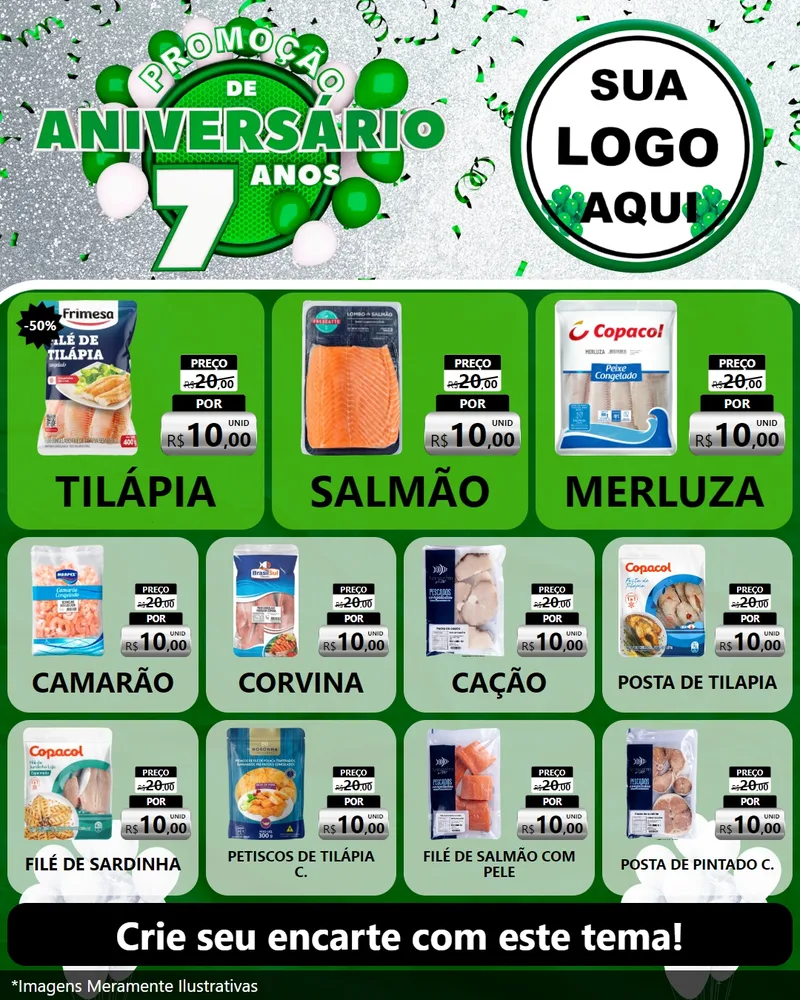 Modelo de Rede Social para Feed Instagram com o tema Promoção de Aniversário - 7 Anos para Peixaria