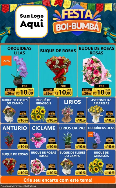 Modelo de Encarte para Encarte Grande com o tema Festa Boi Bumbá para Floricultura e jardim