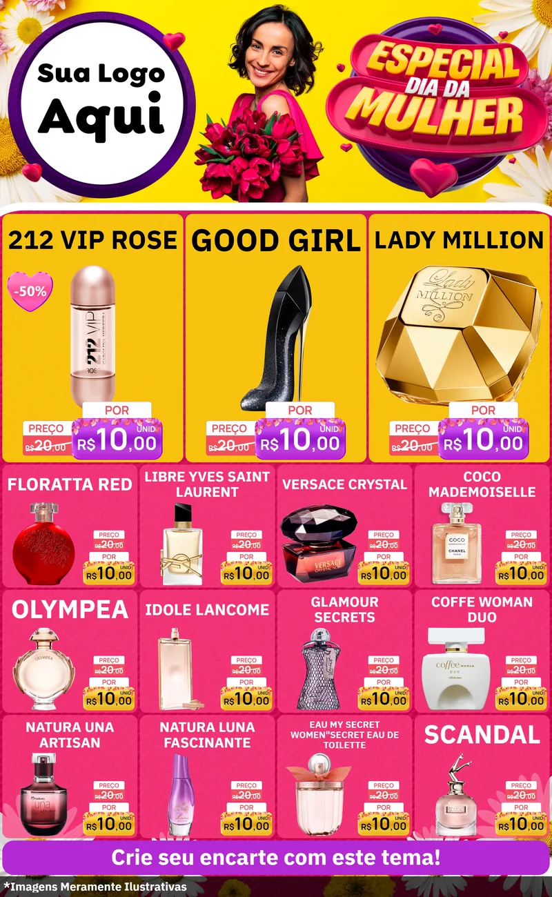 Modelo de Encarte para Encarte Grande com o tema Especial Dia da Mulher para Perfumes