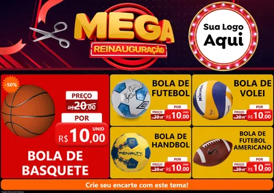 Modelo de Encarte para Encarte A4 Horizontal com o tema Mega Reinauguração para Artigos Esportivos