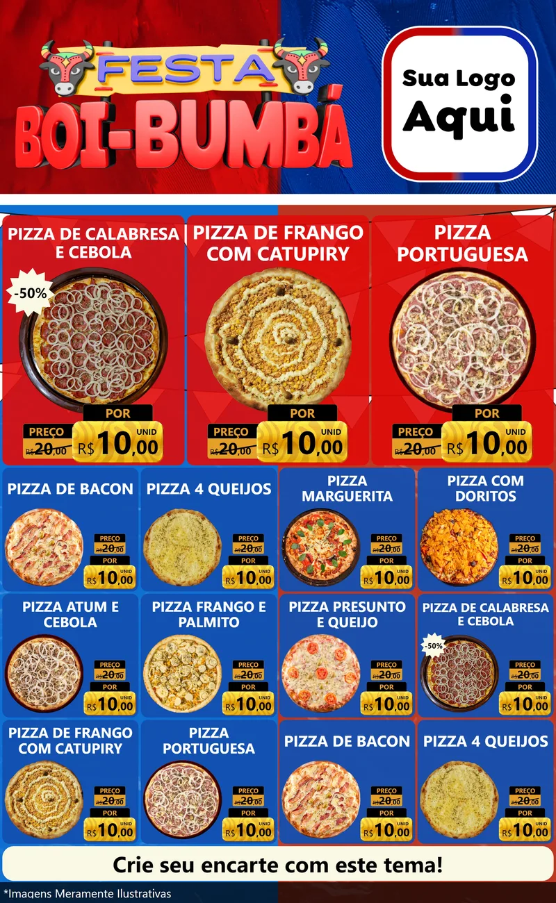 Modelo de Encarte para Encarte Grande com o tema Festa Boi Bumbá para Pizzaria