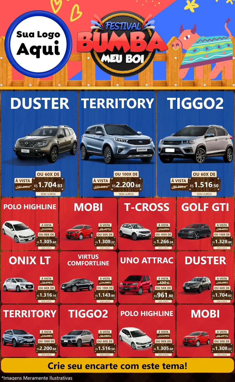 Modelo de Encarte para Encarte Grande com o tema Festival Bumba Meu Boi para Concessionaria de Carros