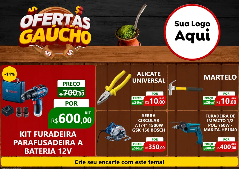 Modelo de Encarte para Encarte A4 Horizontal com o tema Ofertas Dia do Gaúcho para Maquinas e Ferramentas