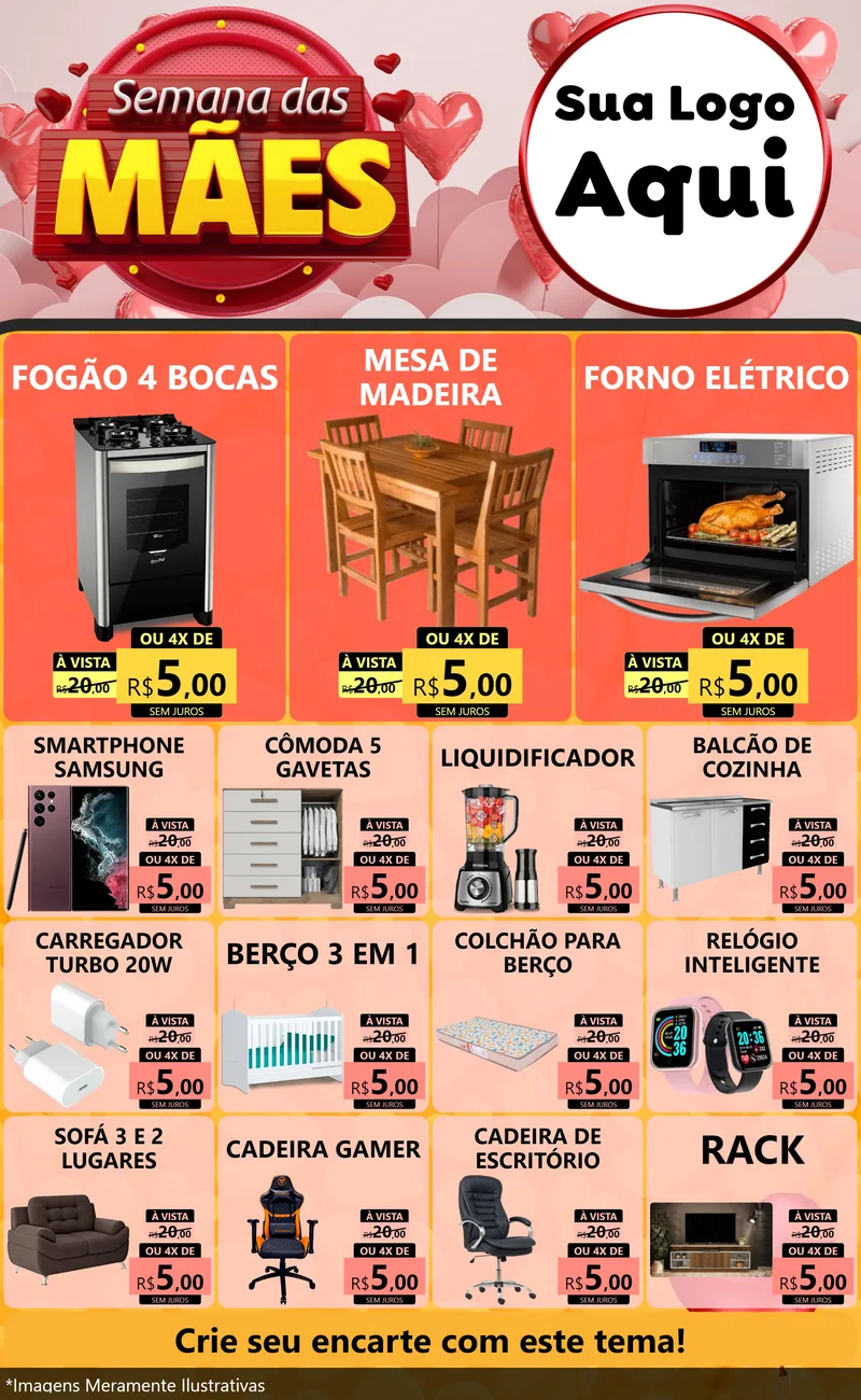 Modelo de Encarte para Encarte Grande com o tema Semana das Mães para Móveis e Eletro