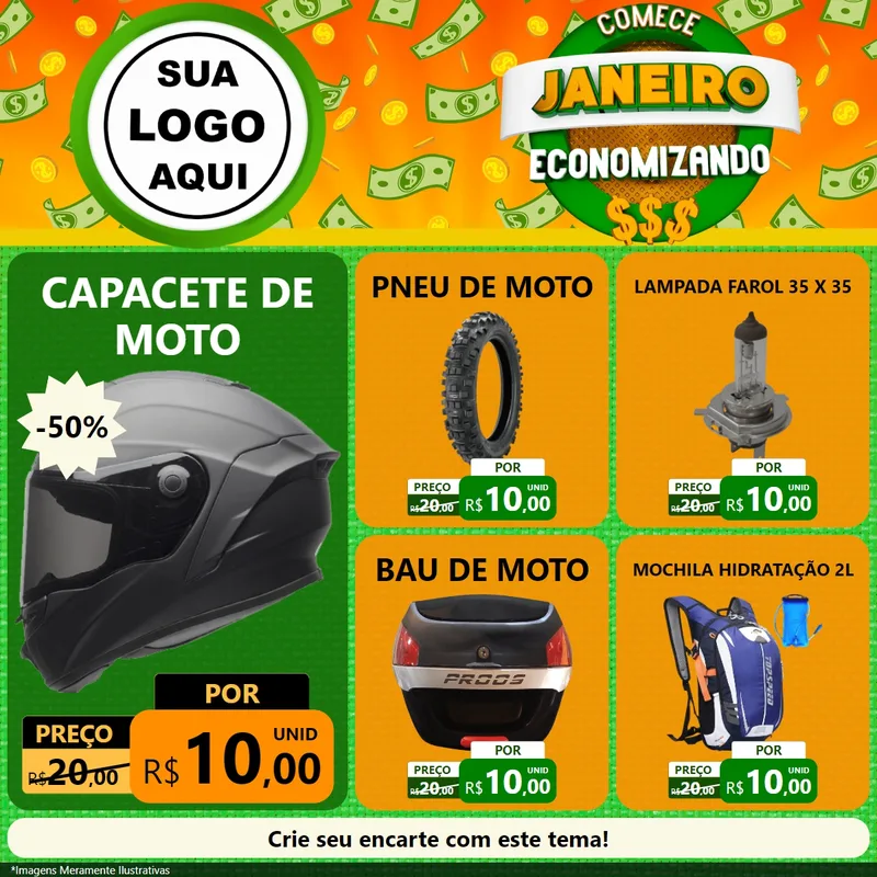 Modelo de Rede Social para Feed Facebook com o tema Comece Janeiro Economizando para Moto peças