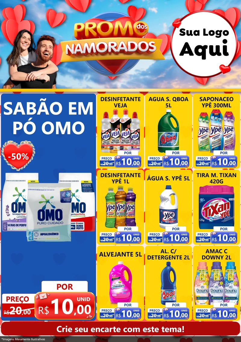 Modelo de Encarte para Encarte A4 Vertical com o tema Promo dos Namorados para Produtos de Limpeza