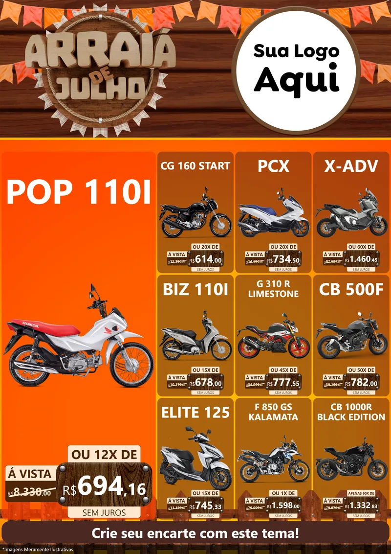 Modelo de Encarte para Encarte A4 Vertical com o tema Arraiá de Julho - Junina para Concessionaria de Motos