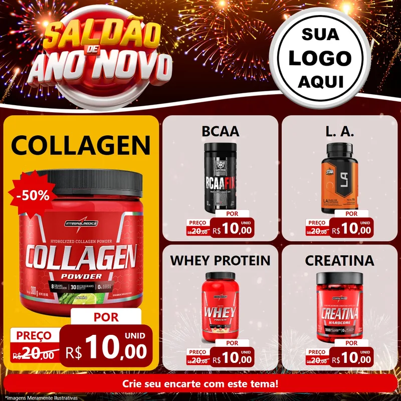 Modelo de Rede Social para Feed Facebook com o tema Saldão de Ano Novo para Suplementos alimentares