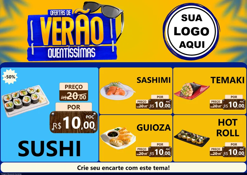 Modelo de Encarte para Encarte A4 Horizontal com o tema Ofertas de Verão Quentíssimas para Comida japonesa