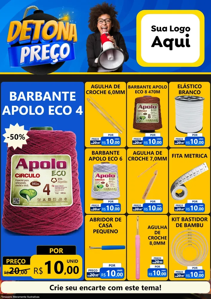 Modelo de Encarte para Encarte A4 Vertical com o tema Detona Preços para Armarinho e Aviamentos
