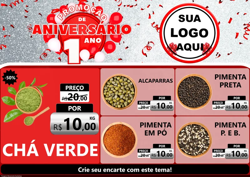 Modelo de Encarte para Encarte A4 Horizontal com o tema Promoção de Aniversário - 1 Ano para Produtos Naturais