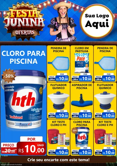 Modelo de Encarte para Encarte A4 Vertical com o tema Festa Junina Ofertas para Produtos para Piscina