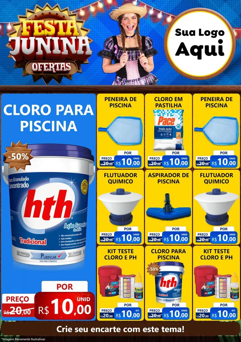 Modelo de Encarte para Encarte A4 Vertical com o tema Festa Junina Ofertas para Produtos para Piscina