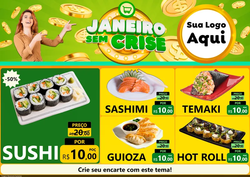 Modelo de Encarte para Encarte A4 Horizontal com o tema Janeiro Sem Crise para Comida japonesa