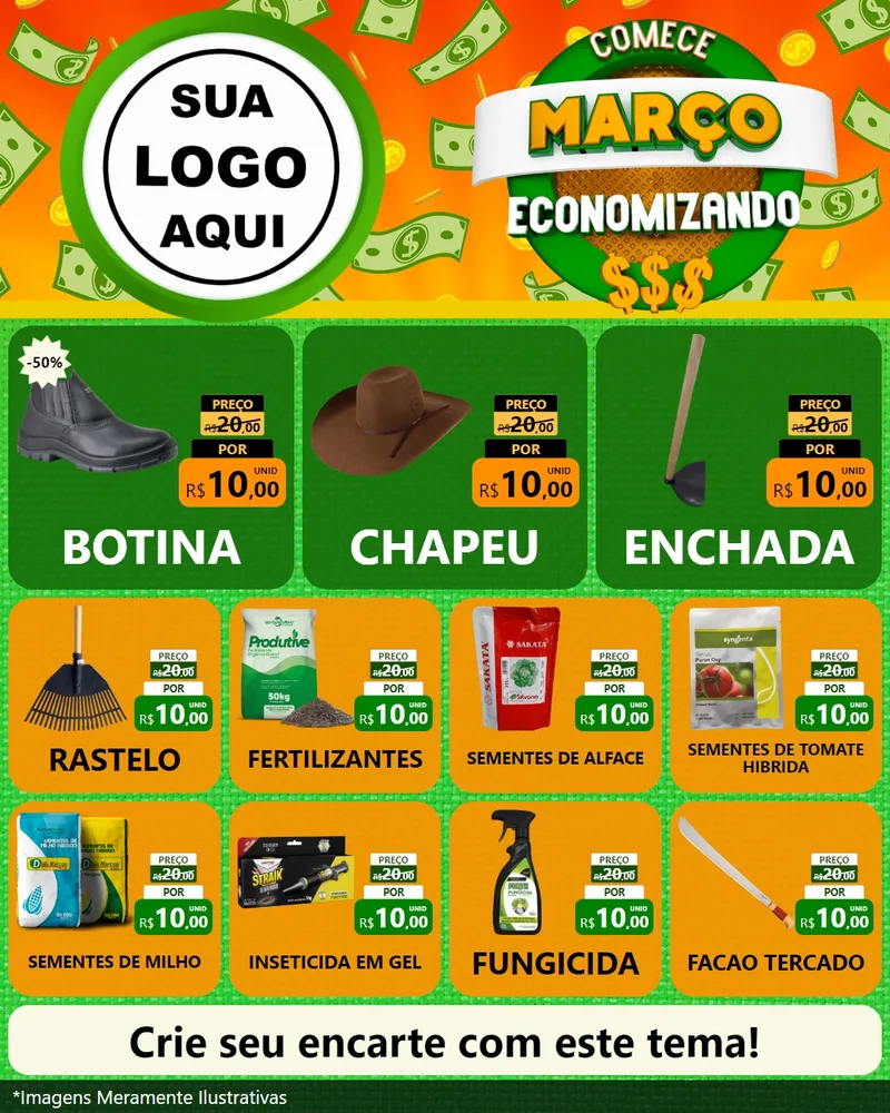 Modelo de Rede Social para Feed Instagram com o tema Comece Março Economizando para Agropecuária