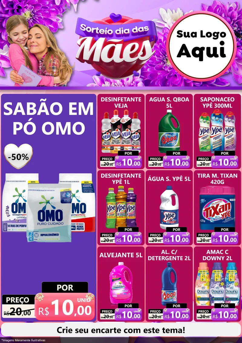 Modelo de Encarte para Encarte A4 Vertical com o tema Sorteio Dia das Mães para Produtos de Limpeza
