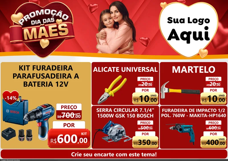 Modelo de Encarte para Encarte A4 Horizontal com o tema Promoção Dia das Mães para Maquinas e Ferramentas