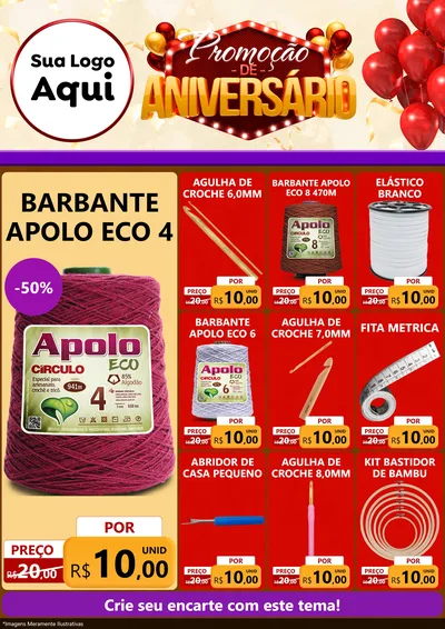 Modelo de Encarte para Encarte A4 Vertical com o tema Promoção de Aniversário para Armarinho e Aviamentos