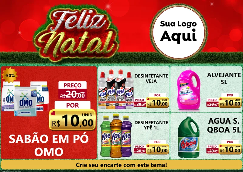 Modelo de Encarte para Encarte A4 Horizontal com o tema Feliz Natal para Produtos de Limpeza
