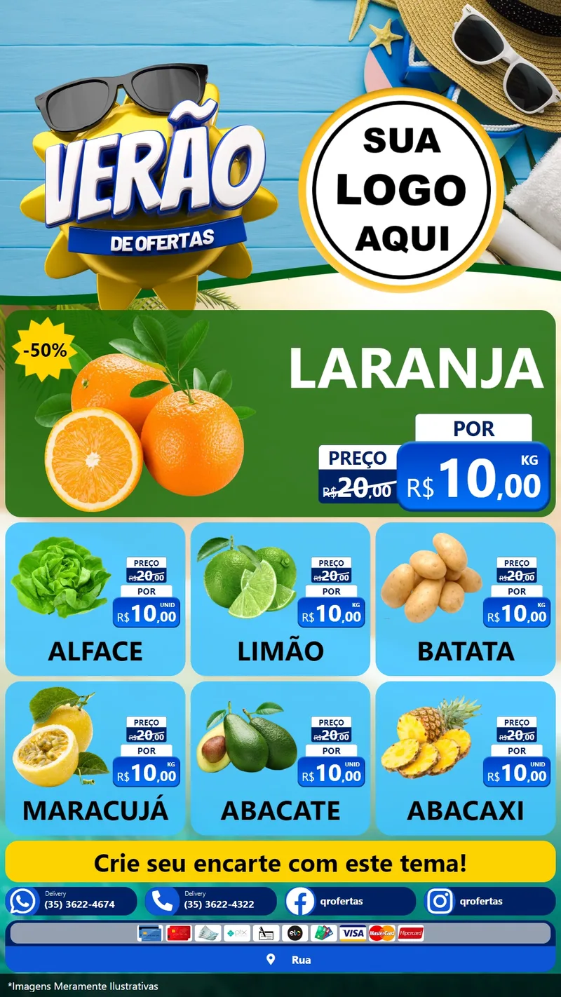 Modelo de Rede Social para Stories com o tema Verão de Ofertas para Hortifrúti