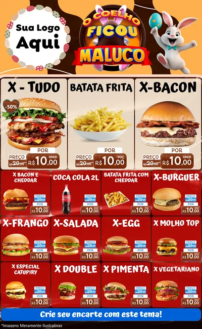 Modelo de Encarte para Encarte Grande com o tema O Coelho Ficou Maluco - Páscoa para Hamburgueria