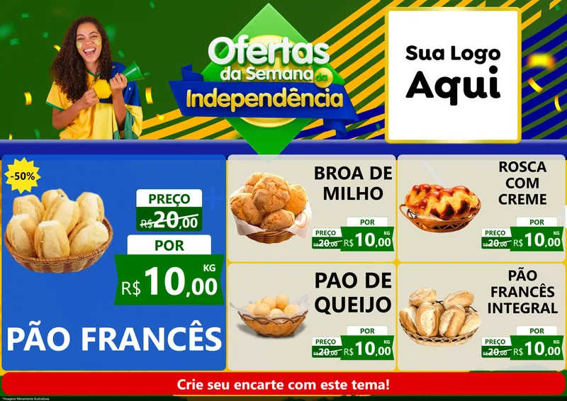 Modelo de Encarte para Encarte A4 Horizontal com o tema Ofertas da Semana da Independência para Padaria