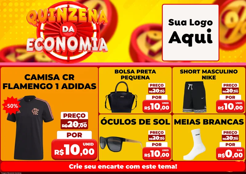 Modelo de Encarte para Encarte A4 Horizontal com o tema Quinzena Da Economia para Roupas e acessórios
