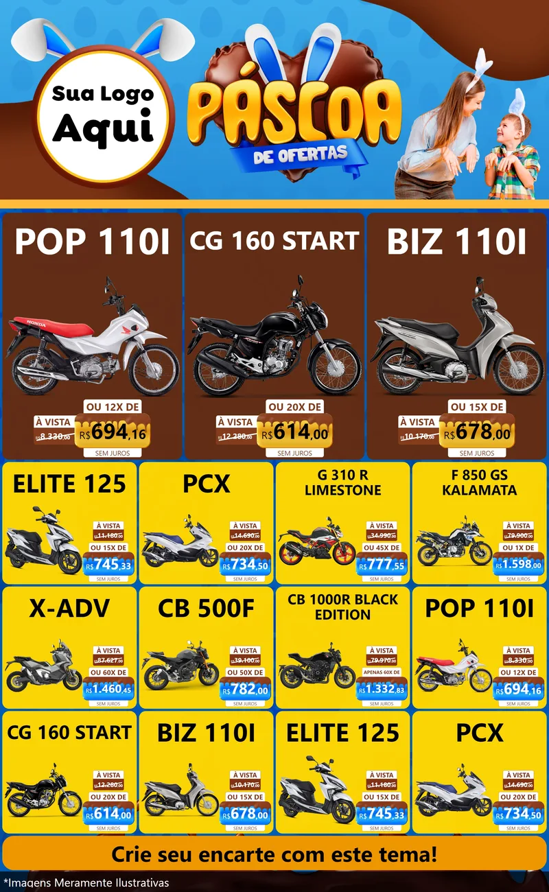 Modelo de Encarte para Encarte Grande com o tema Páscoa de Ofertas para Concessionaria de Motos