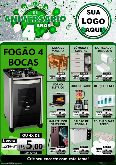 Modelo de Encarte para Encarte A4 Vertical com o tema Promoção de Aniversário - 4 Anos para Móveis e Eletro