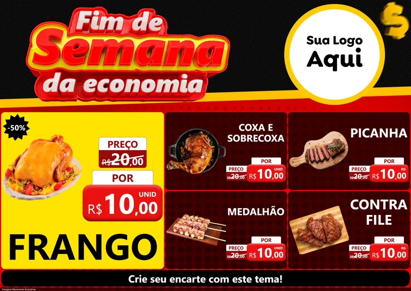 Modelo de Encarte para Encarte A4 Horizontal com o tema Fim de Semana da Economia para Assados