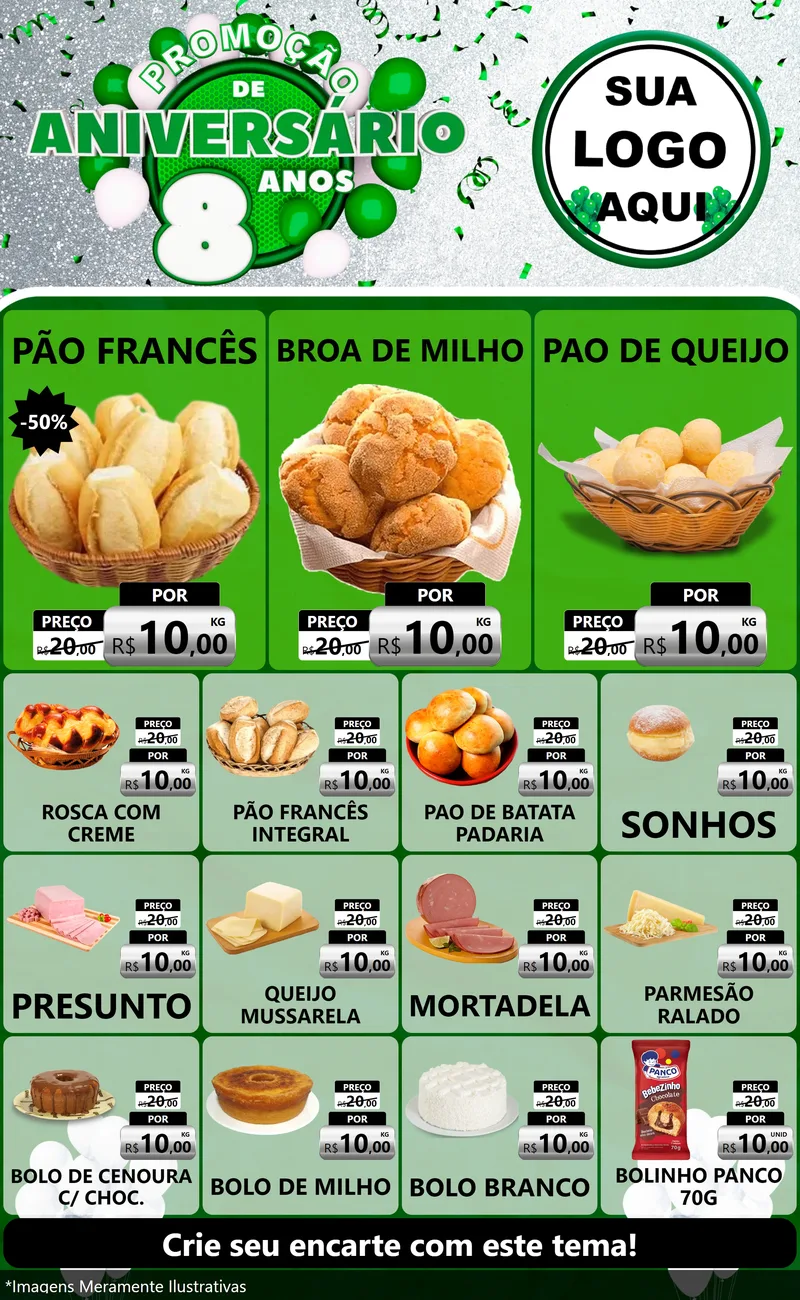 Modelo de Encarte para Encarte Grande com o tema Promoção de Aniversário - 8 Anos para Padaria