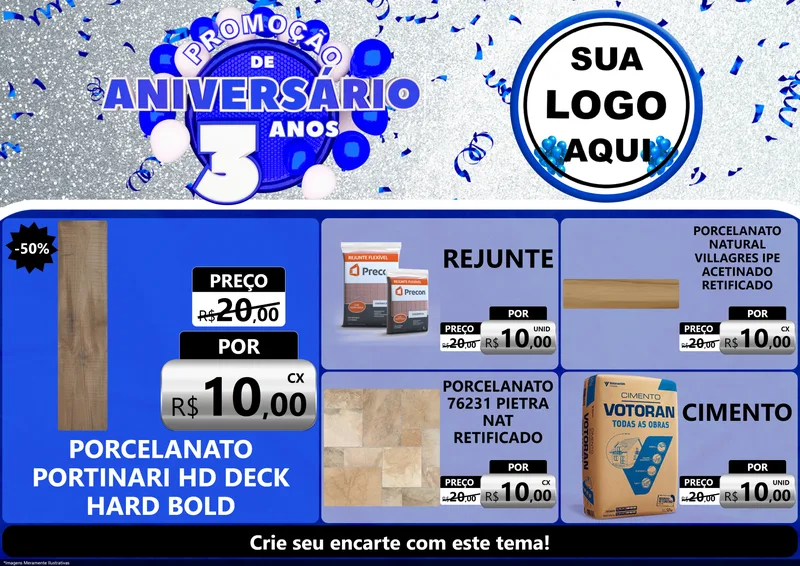 Modelo de Encarte para Encarte A4 Horizontal com o tema Promoção de Aniversário - 3 Anos para Pisos e revestimentos
