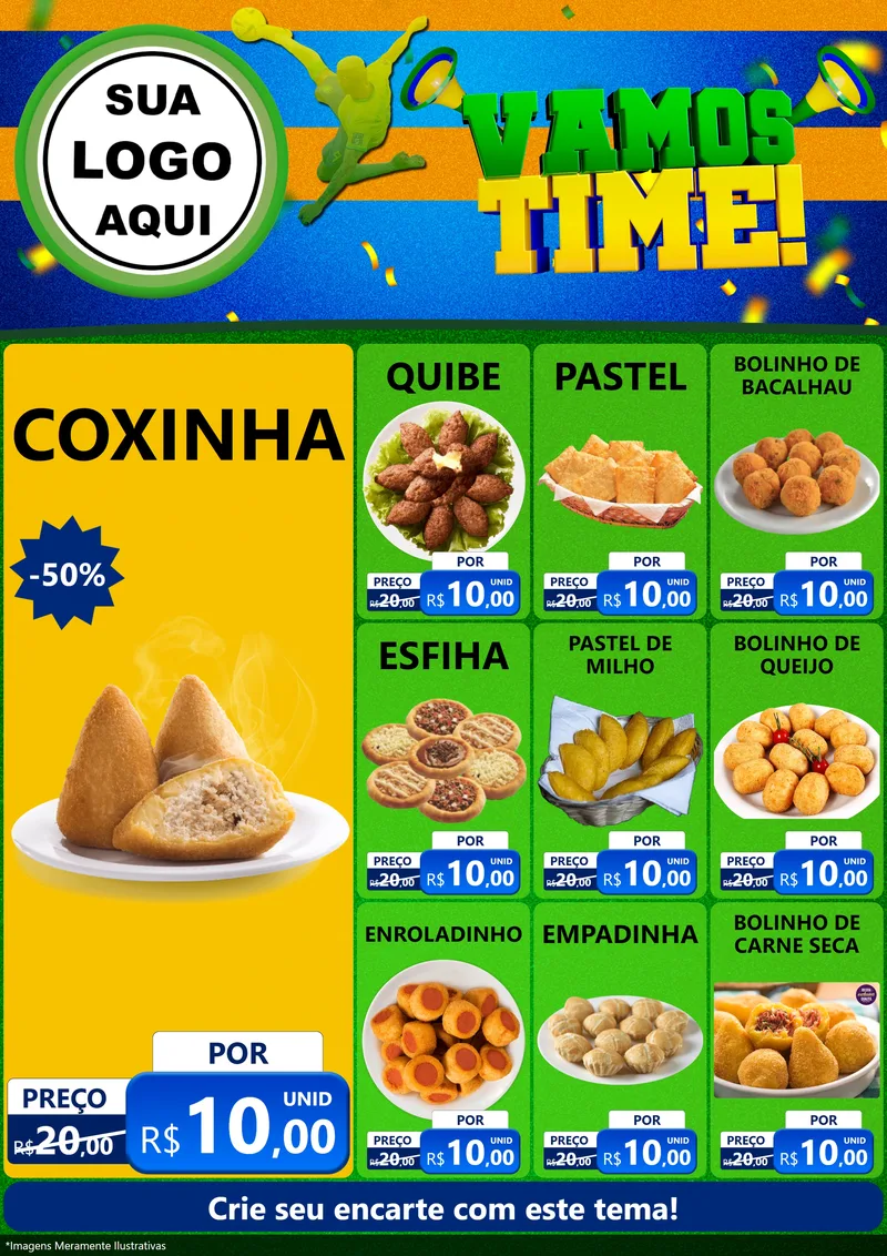 Modelo de Encarte para Encarte A4 Vertical com o tema Vamos Time! para Salgadaria